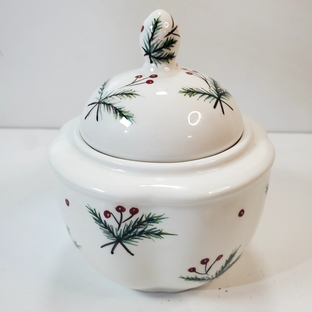 Vtg Blue Sky 2002 Winterberry Holly Christmas Lidded Sugar Bowl Holiday Serving